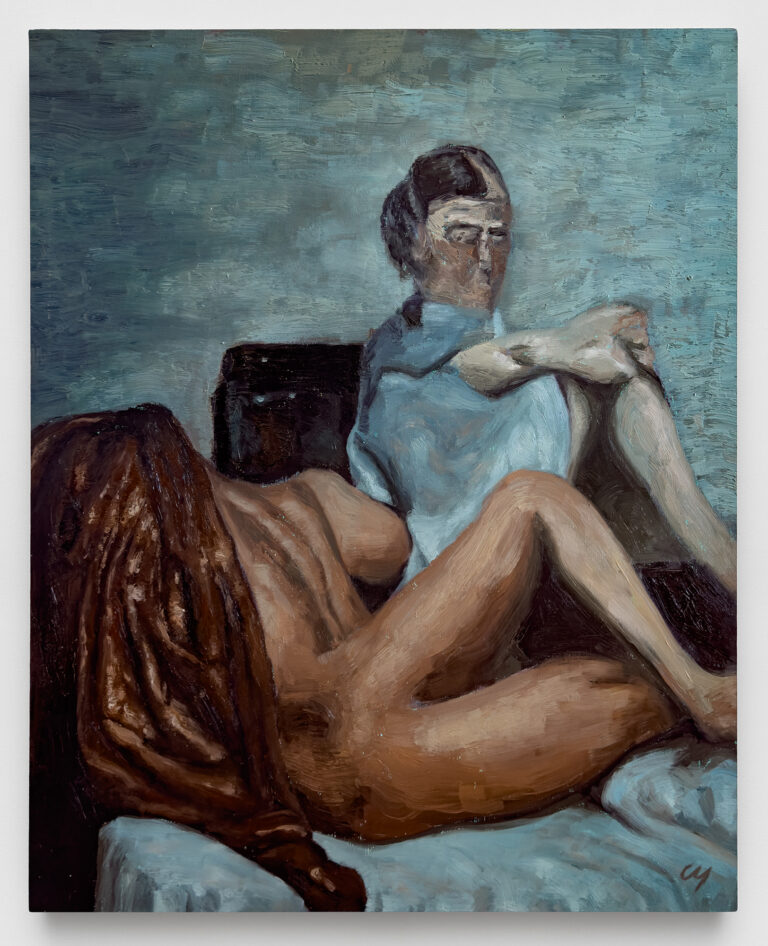 Ciro MacCord's oil paint canvas portrait depicting metamorphic entities sitting